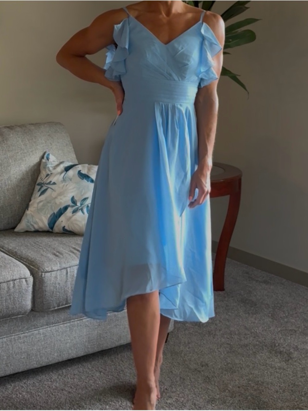Light Blue Ruffle Cold-Shoulder Midi Dress